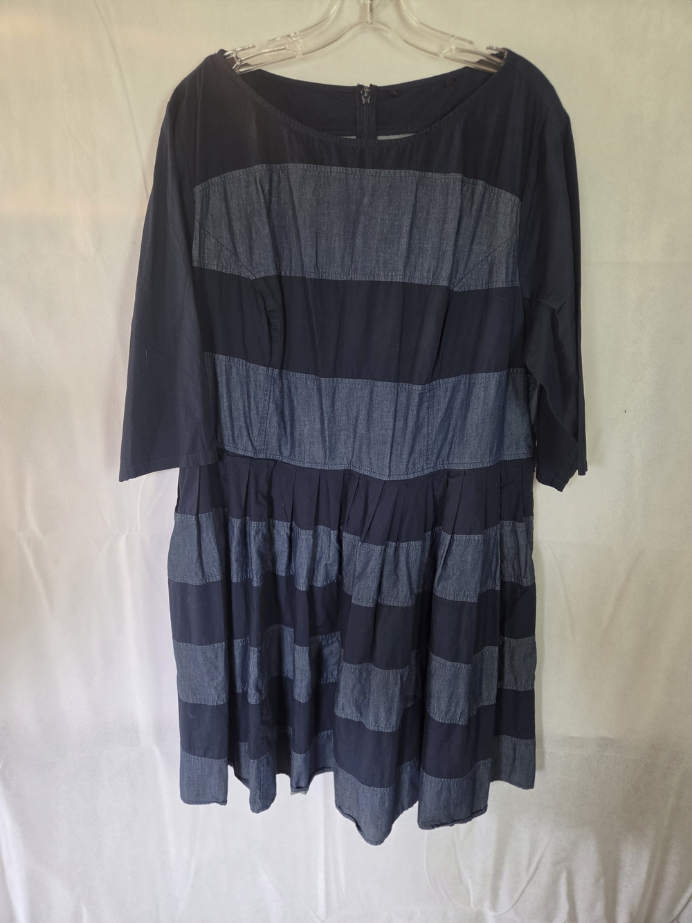 eshakti Striped Navy and Chambray Boatneck Midi Dress